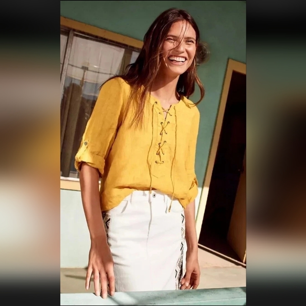 Maeve Anthropologie Blouse Womens 2 Marva Lace-Up Linen Gold Yellow Roll Tabs